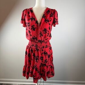 Michael Kors Red Floral Smocked Waist Ruffle Hem Dress Size S